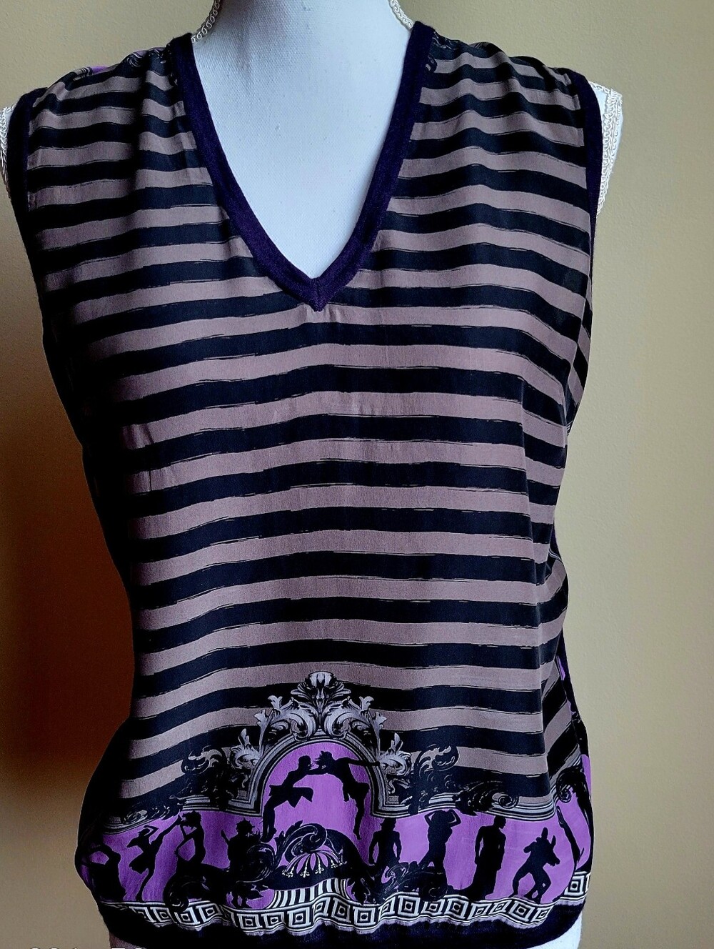 Versace Black and Purple Striped V‑Neck Sleeveless Camisole